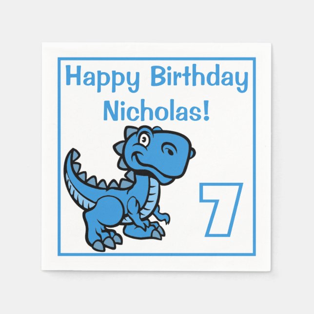 Guardanapo De Papel Qualquer Dinossauro Azul T Rex Idade Aniversário (Frente)