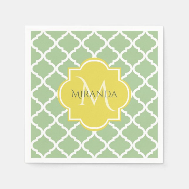 Guardanapo De Papel Quatrefoil Verde Chic Pastel Nome Amarelo Monogram (Frente)