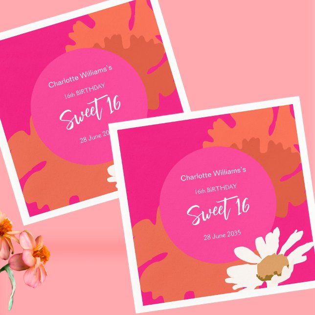 Guardanapo De Papel Quente Rosa e Laranja Floral Sessenta Festas de an (Criador carregado)