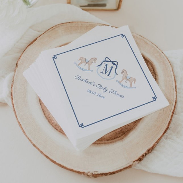Guardanapo De Papel Querido Cavalo de Balanço Monograma Festa de Chá d (Smart monogram crest rocking horse baby shower napkins with dark blue accents)