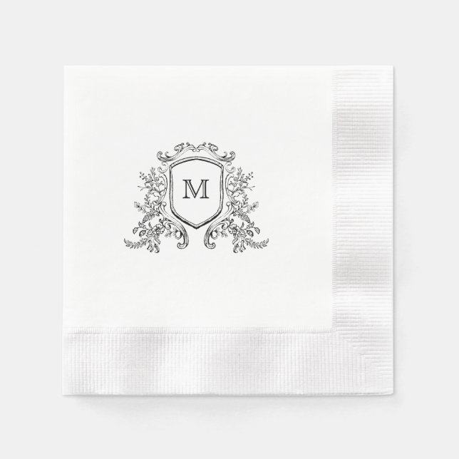 Guardanapo De Papel Quic Black & White Crest Monograma Casamento Napki (Frente)