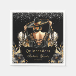 Guardanapo De Papel Quinceañera Black Dourada Watercolor Garota Mexica