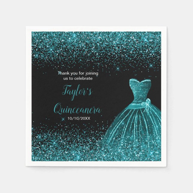 Guardanapo De Papel Quinceanera Blue Teal Faux Glitter (Frente)