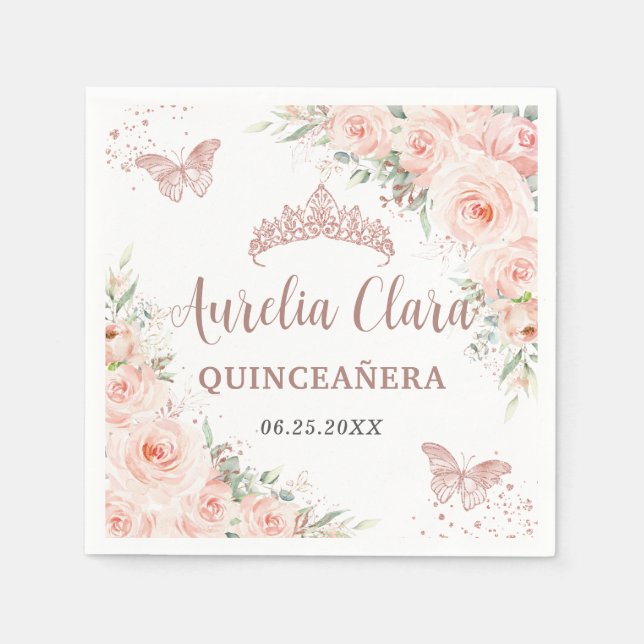 Guardanapo De Papel Quinceanera Blush - Borboletas Douradas Rosa (Frente)