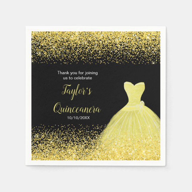 Guardanapo De Papel Quinceanera Bright Yellow Faux Glitter (Frente)