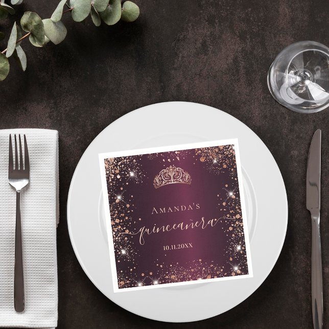 Guardanapo De Papel Quinceanera burgundy rosa gold tiara name script (Criador carregado)
