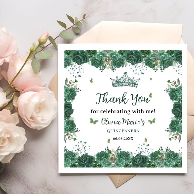 Guardanapo De Papel Quinceañera Emerald Green Borboletas Florais Tiara (Criador carregado)
