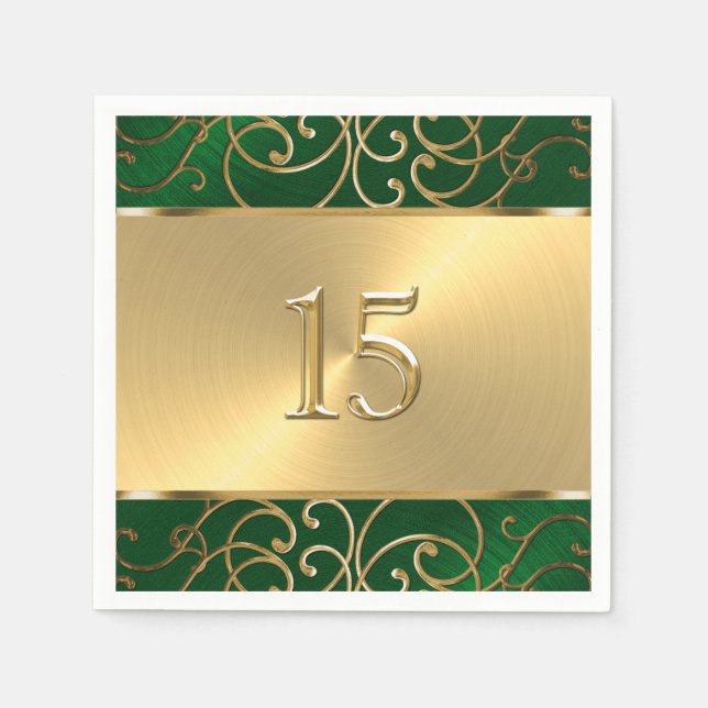 Guardanapo De Papel Quinceanera Emerald Green e Douradas espirais de f (Frente)