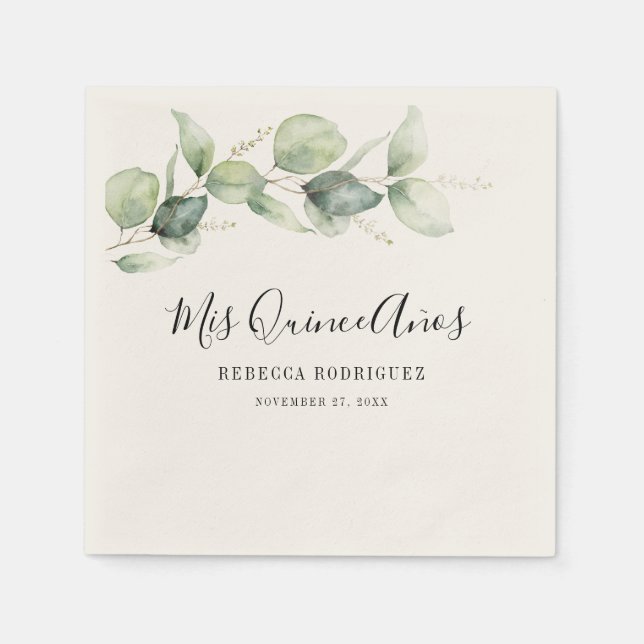 Guardanapo De Papel Quinceanera Eucalyptus Greenery 15 Birthday (Frente)