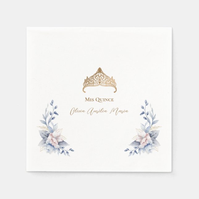 Guardanapo De Papel Quinceañera Floral Azul Tiara Dourada Elegante (Frente)