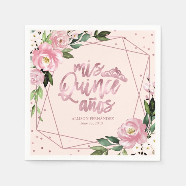 Guardanapo De Papel Quinceanera Floral Rosa Esmagada (Frente)