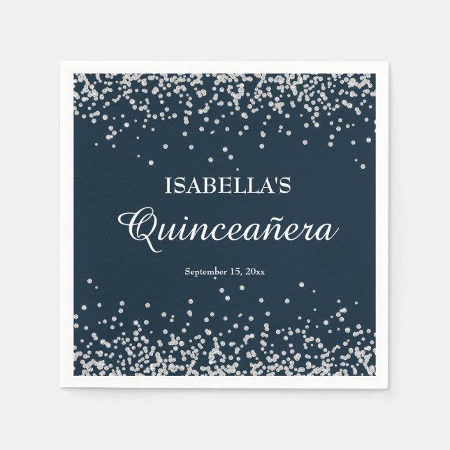 Guardanapo De Papel Quinceanera Marinho Elegante Blue Silver Glitter (Frente)