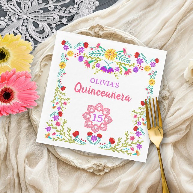 Guardanapo De Papel Quinceanera Mexicana Fiesta Flowers 15 Birthday (15th birthday napkins from my Mexican Fiesta Flowers Quinceanera Collection)