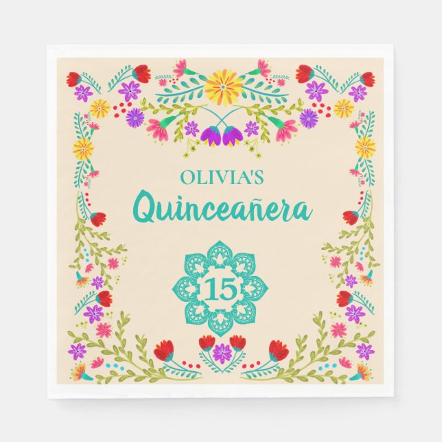 Guardanapo De Papel Quinceanera Mexicana Floral Sweet 15 Aniversário (Frente)