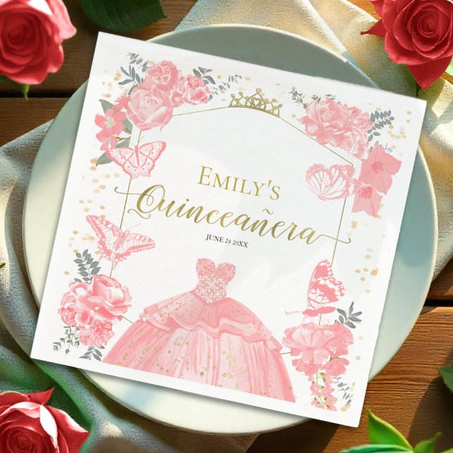 Guardanapo De Papel Quinceanera Napkins Pink Vestido Floral Folha (Criador carregado)