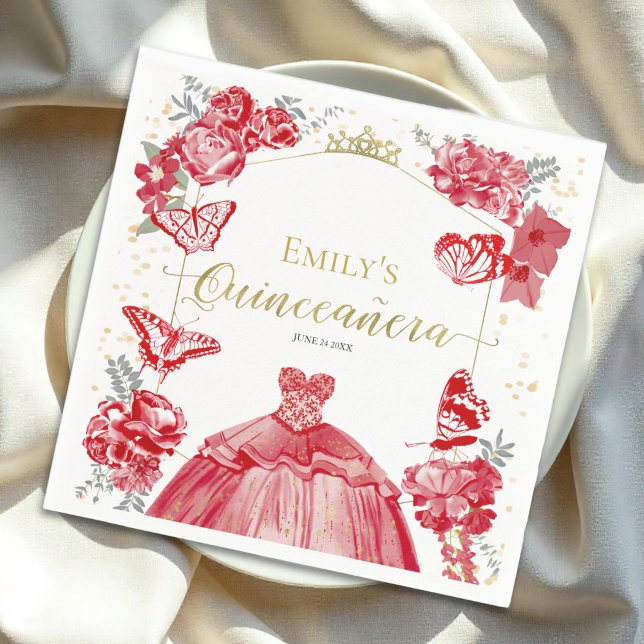 Guardanapo De Papel Quinceanera Napkins Vermelho Vestido Floral Dourad (Criador carregado)