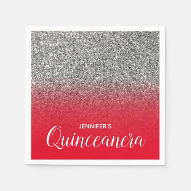 Guardanapo De Papel Quinceanera, Ombre de Glitter Vermelho e Prata Bri (Frente)