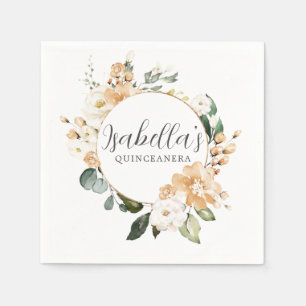 Guardanapo De Papel Quinceanera Personalizada Floral Rosa Branca Doura