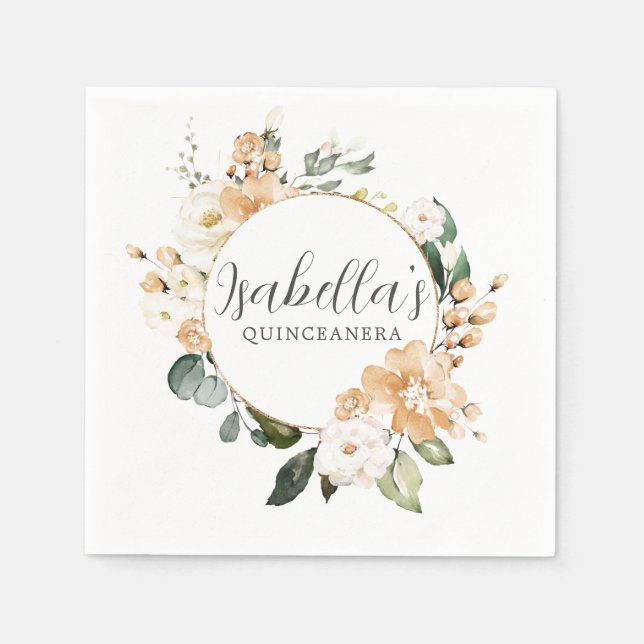 Guardanapo De Papel Quinceanera Personalizada Floral Rosa Branca Doura (Frente)