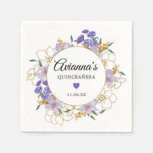 Guardanapo De Papel Quinceanera Purple Dourada Floral Party