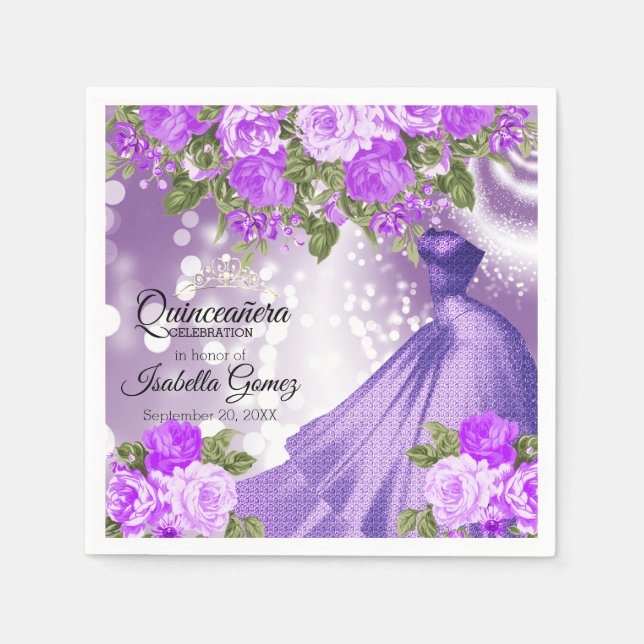 Guardanapo De Papel Quinceañera Purple Gown e Flores (Frente)