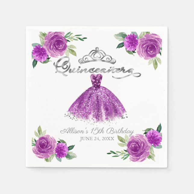 Guardanapo De Papel Quinceanera Purple Watercolor Gown (Frente)