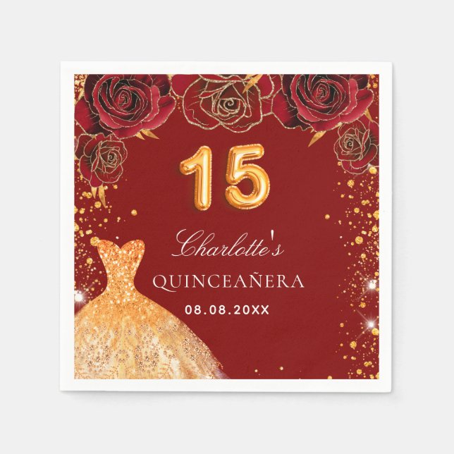 Guardanapo De Papel Quinceanera red gold glitter vestido floral (Frente)