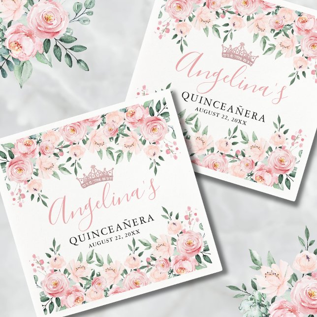 Guardanapo De Papel Quinceañera Rosa Floral (Floral Pink Quinceañera Napkins)