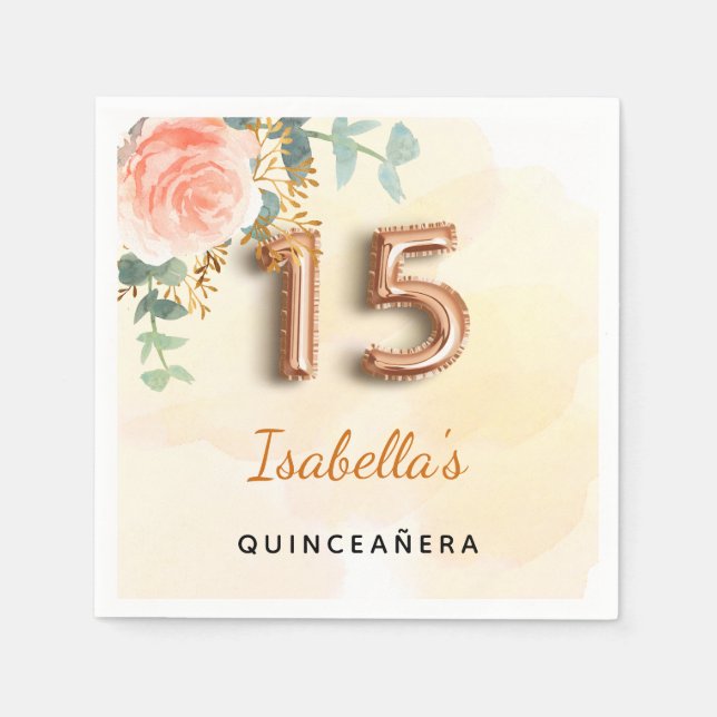 Guardanapo De Papel Quinceanera rosa gold floral nome verde (Frente)