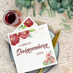 Guardanapo De Papel Quinceanera Vintage Vermelho Dourado Floral Rosa