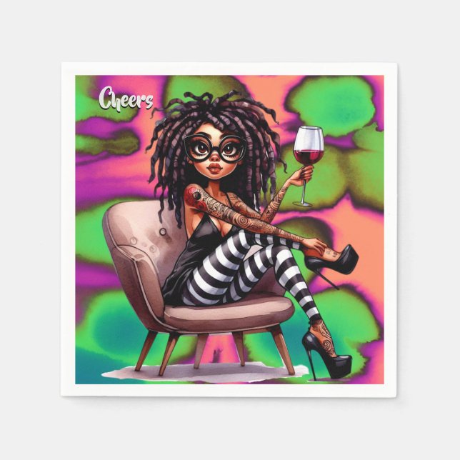 Guardanapo De Papel Quirky Lady Tattoos & Wine Cheers Paper Napkin (Frente)