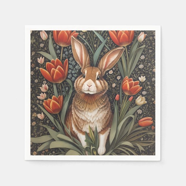 Guardanapo De Papel Rabbit vermelho Tulipas William Morris inspiradas (Frente)
