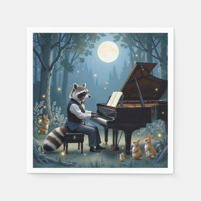 Guardanapo De Papel Raccoon Tocando Grande Piano na Floresta (Frente)