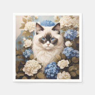 Guardanapo De Papel Ragdoll Cat Com Flores De Hydrangea Azuis