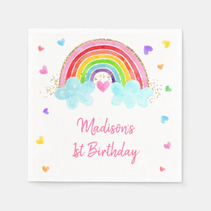 Guardanapo De Papel Rainbow Cloud Hearts Pink Dourado Birthday
