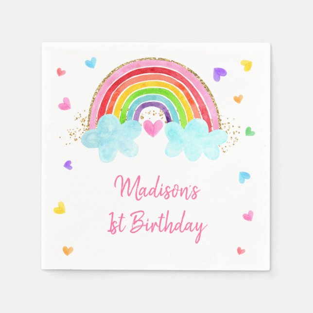 Guardanapo De Papel Rainbow Cloud Hearts Pink Dourado Birthday (Frente)