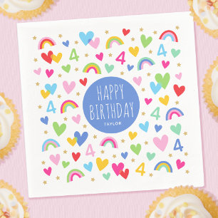 Guardanapo De Papel Rainbow Hearts 4th Birthday Party Custom Name Blue