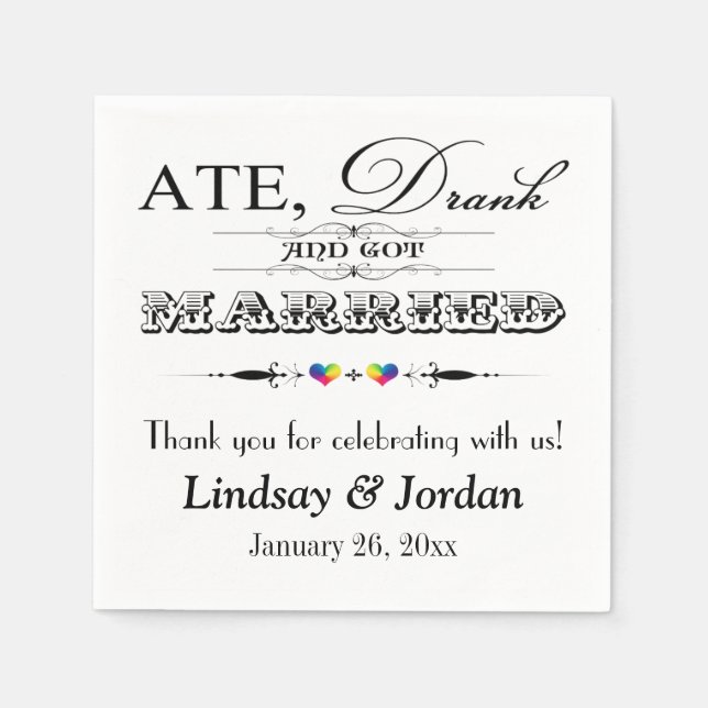 Guardanapo De Papel Rainbow Hearts and Scrolls Wedding Napkins (Frente)