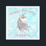Guardanapo De Papel Rainbow Unicorn Paper Napkin<br><div class="desc">Napkins for a unicorn themed birthday party with customizable birthday greeting and name. The background shows a blue bokeh effect with a rainbow unicorn on top.</div>