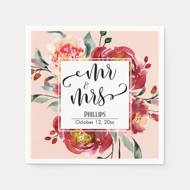 Guardanapo De Papel Ramalhete de Flores Vermelhas de Casamento Mr & Mr (Frente)