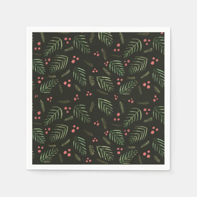 Guardanapo De Papel ramos e bagas de árvore de Natal - verde escuro (Frente)