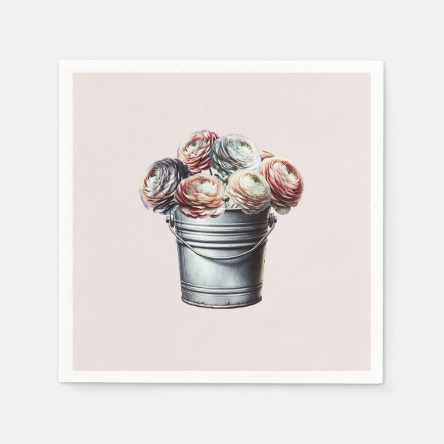 Guardanapo De Papel Ranunculus em Balde de Lata Glam Rústico Casamento (Frente)
