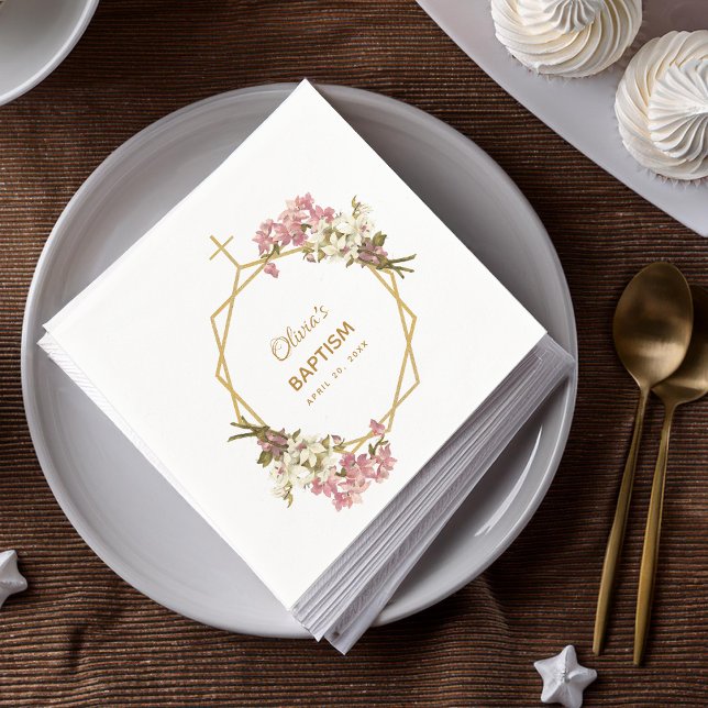 Guardanapo De Papel Rapariga Baptism Orquídeas Florais Douradas Geomét (Criador carregado)