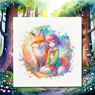 Guardanapo De Papel Rapariga e Raposa bonito de Aquarela