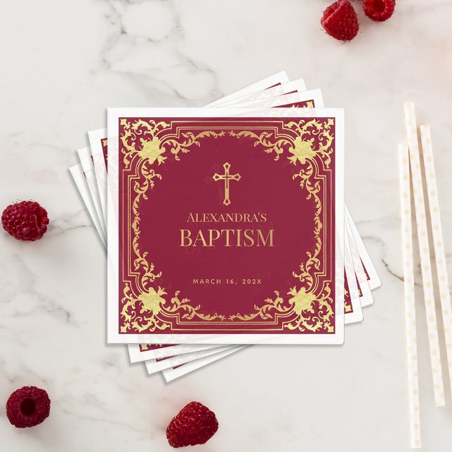 Guardanapo De Papel Rapariga Elegante Burgundy Faux Gold Foil Cross (Criador carregado)