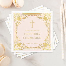 Guardanapo De Papel Rapariga Primeira Comunhão Pinta Rosa Falso Dourad