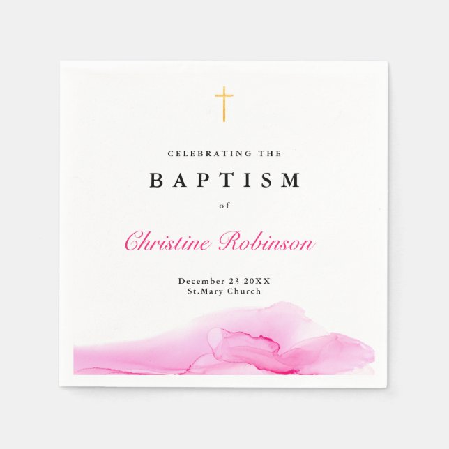 Guardanapo De Papel Rapariga Rosa Ink Christening Baptism Dourado Cros (Frente)