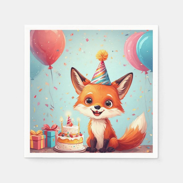 Guardanapo De Papel Raposa Adorável Comemorando um Aniversário Alegre (Frente)