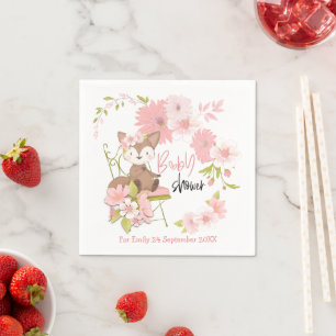Guardanapo De Papel Raposa Cachorada Floral Nome Branco Rosa Chá de f