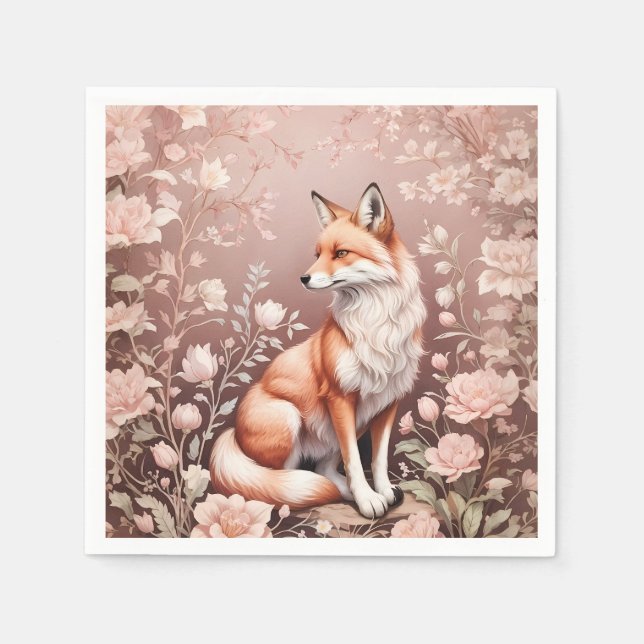 Guardanapo De Papel Raposa Com Floral Rosa Sonolenta (Frente)